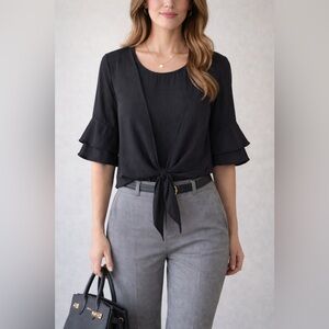 She + Sky Black Blouse Ruffle Sleeve Front Tie Detail Size S - Flirty Chic